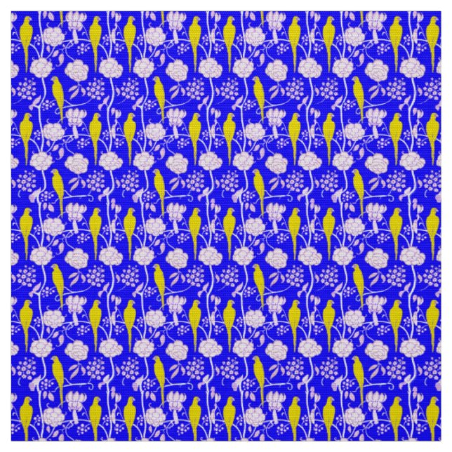 TISSU FLEURS BLANCHES ET PARROTS JAUNES SUR BLEU (Échantillon)