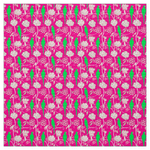 TISSU FLEURS BLANCHES ET PARROTS VERTS SUR ROSE