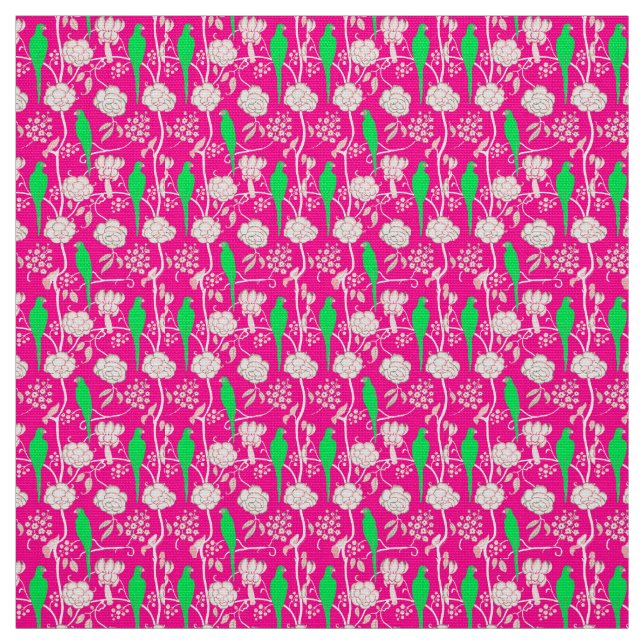TISSU FLEURS BLANCHES ET PARROTS VERTS SUR ROSE (Échantillon)