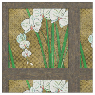 Tissu Fleurs blanches et tiges vertes à la frontière