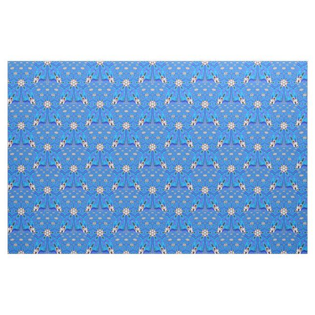 Tissu fleurs blanches géométriques à 6 points sur bleu (Fat Quarter)