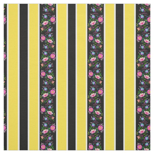 Tissu Fleurs blanches, jaune vif/folk/rayures/noires (Échantillon)
