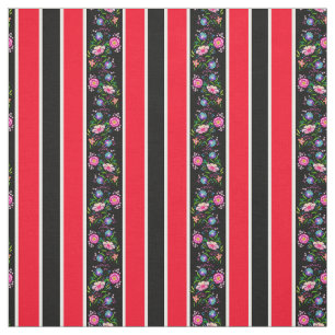 Tissu Fleurs blanches, rouge vif/folk/rayures/noires
