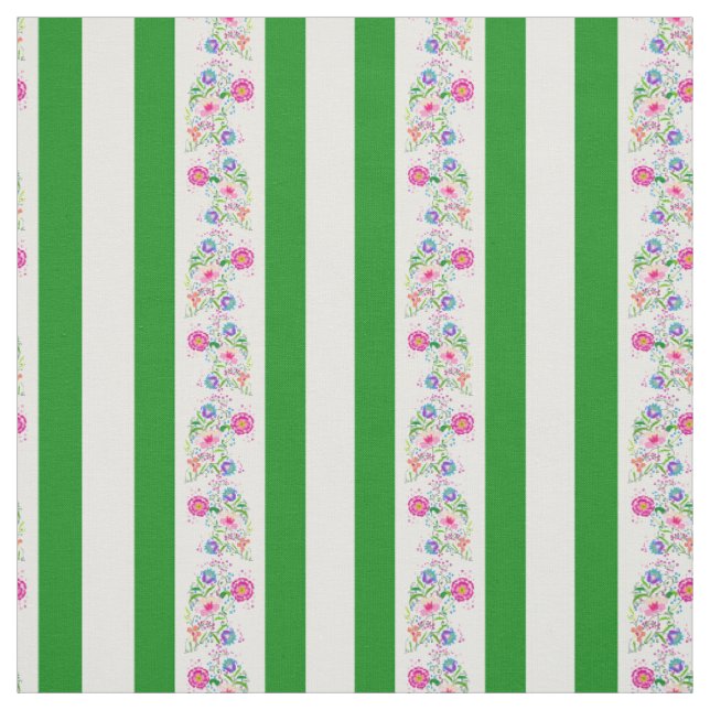 Tissu Fleurs blanches, vert herbe/folk/rayures/blanches (Échantillon)