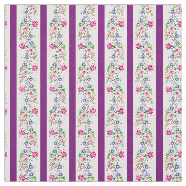 Tissu Fleurs blanches, violettes profondes/folles/rayure (Échantillon)