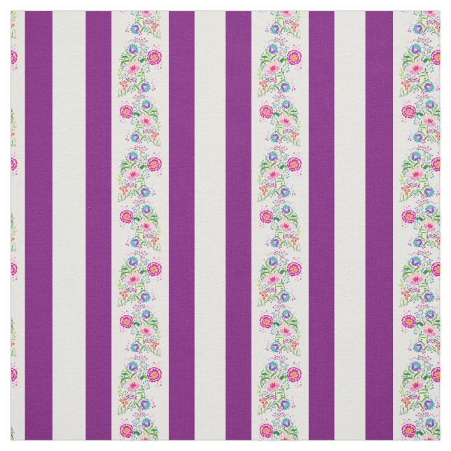 Tissu Fleurs blanches, violettes profondes/folles/rayure (Échantillon)
