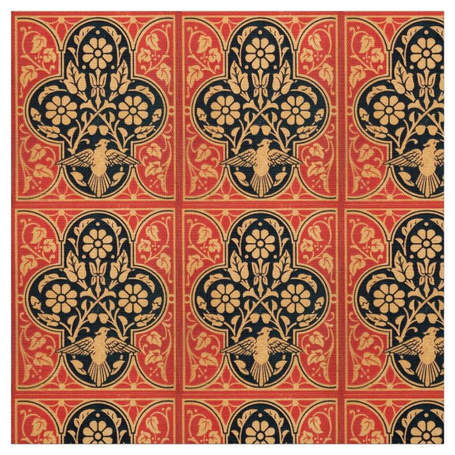 TISSU FLEURS BLEU JAUNE ROUGE DAMASK AVEC DOVE (Échantillon)