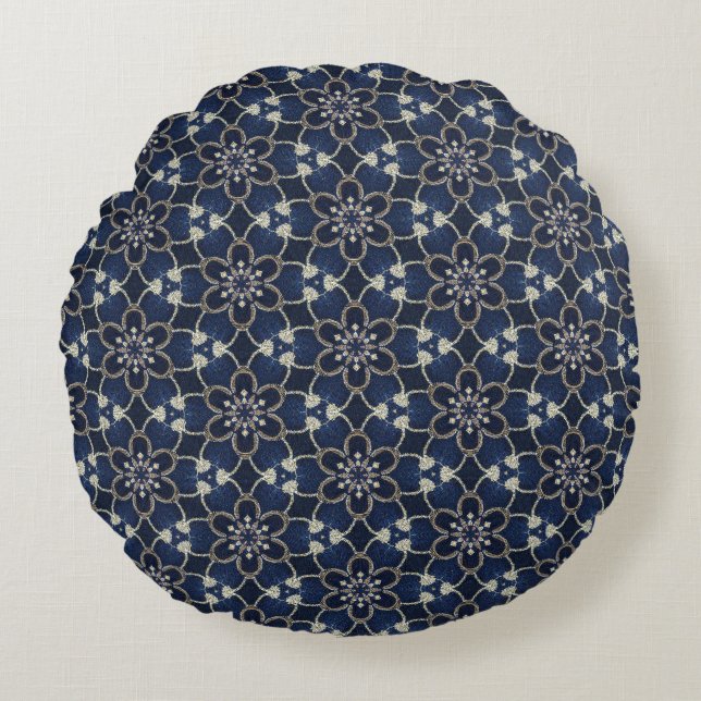Tissu Fleurs Bleu Minuit Coussin Rond (Devant)
