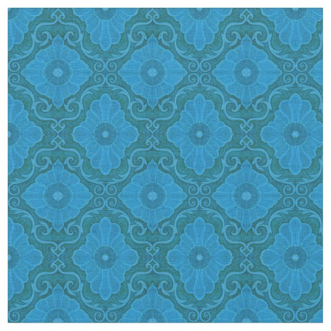 Tissu "Fleurs bleues" arabesque florale, motif dessinée  (Fermer)