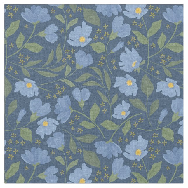 Tissu Fleurs bleues de bord sur modèle floral de marine (Fermer)