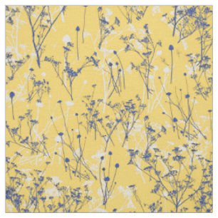 Tissu Fleurs Bleues Élégantes Modernes Mustard Jaune