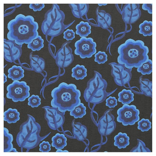 Tissu Fleurs bleues/feuille bleu/art populaire (Fermer)