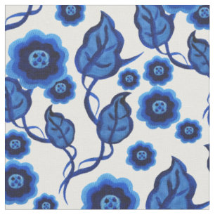 Tissu Fleurs bleues, feuille bleu, art populaire 2