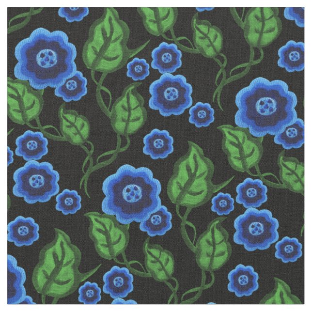 Tissu Fleurs bleues/feuille vert/art populaire (Fermer)