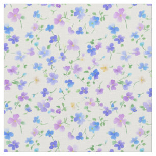 Tissu Fleurs bleues minces et violettes sur blanc