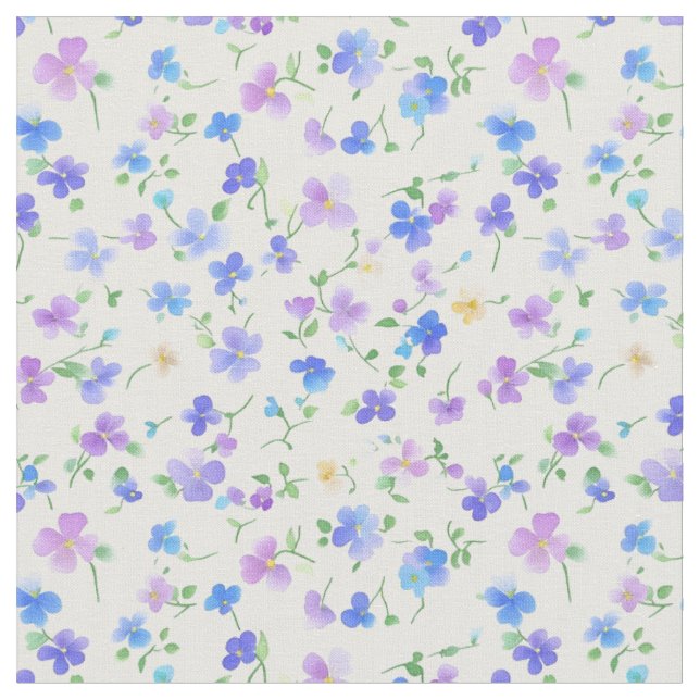 Tissu Fleurs bleues minces et violettes sur blanc (Fermer)