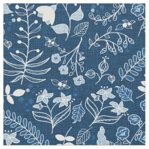 Tissu Fleurs Boho Bleues Classiques Dessinées À La Main