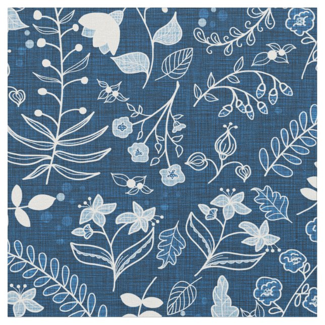 Tissu Fleurs Boho Bleues Classiques Dessinées À La Main (Fermer)