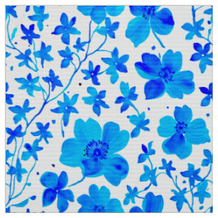 Tissu Fleurs botaniques en bleu foncé et blanc