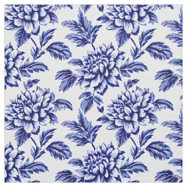 Tissu Fleurs Dahlia Bleues et Blanches Toile de Jouy (Échantillon)