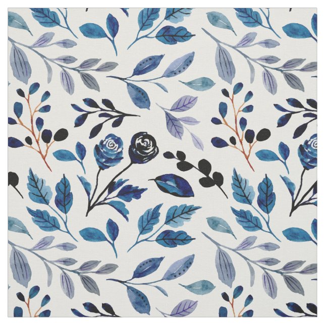 Tissu Fleurs d'aquarelle bleu Feuille Blanc Botanique (Échantillon)
