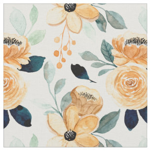 Tissu Fleurs d'aquarelle jaune moutarde Feuilles verts