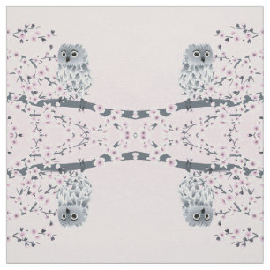 Tissu Fleurs de cerisier de chouette gris rose