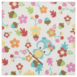Tissu Fleurs de Chouette de Forêt mignonne et feuilles K