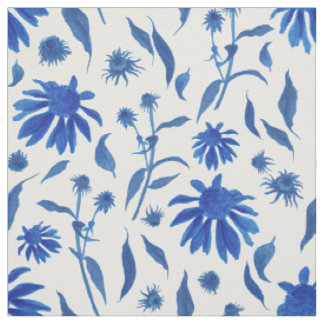Tissu Fleurs de cône bleu d'Indigo sur blanc