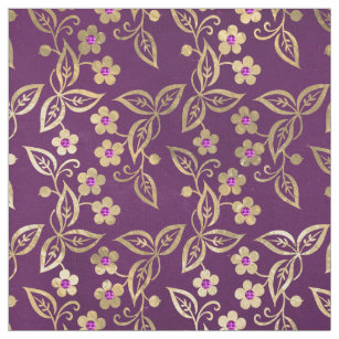Tissu Fleurs de défilement d'or et gemmes violettes en v