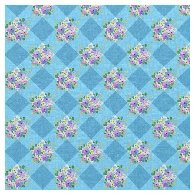 Tissu Fleurs de gingham bleu de campagne (Fermer)