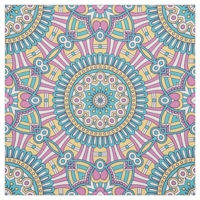 Tissu Fleurs de kaléidoscope rose jaune et vert (Échantillon)