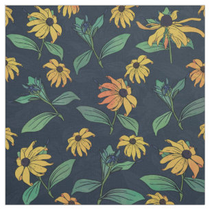 Tissu Fleurs de marguerite dorées noires Design bleu fo