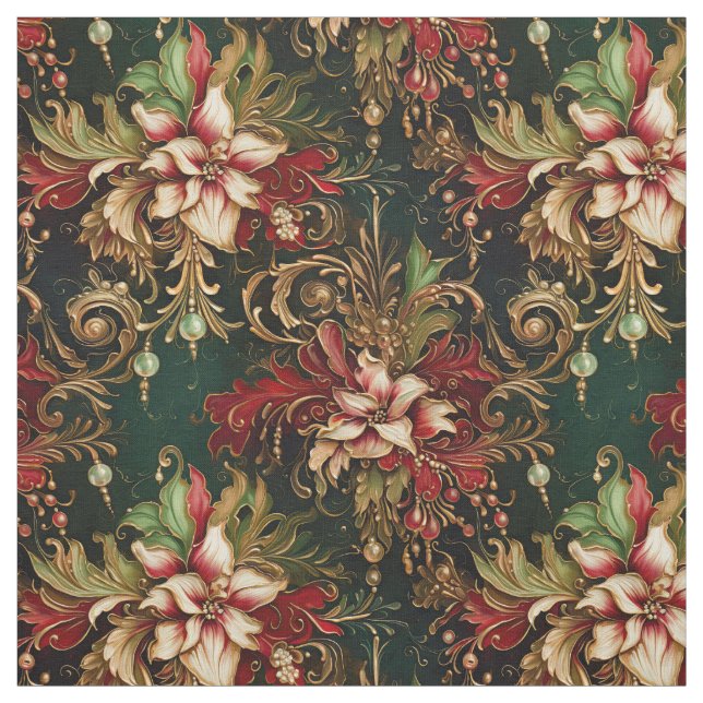 Tissu Fleurs de Noël en vert (Échantillon)