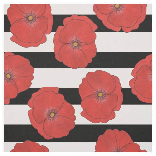 Tissu Fleurs de pavot rouges avec des rayures noires et  (Échantillon)