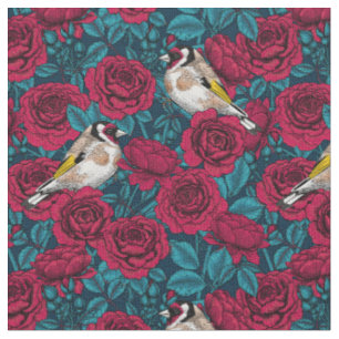 Tissu Fleurs de roses rouges et oiseaux d'or