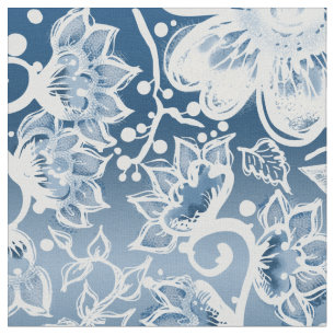 Tissu Fleurs de saumons blancs et bleus classiques