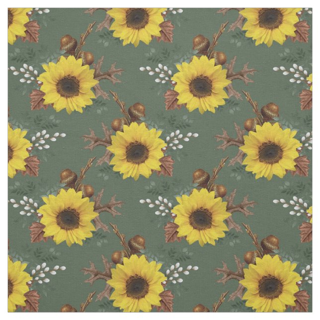 Tissu Fleurs de soleil et Acornes sur vert (Échantillon)
