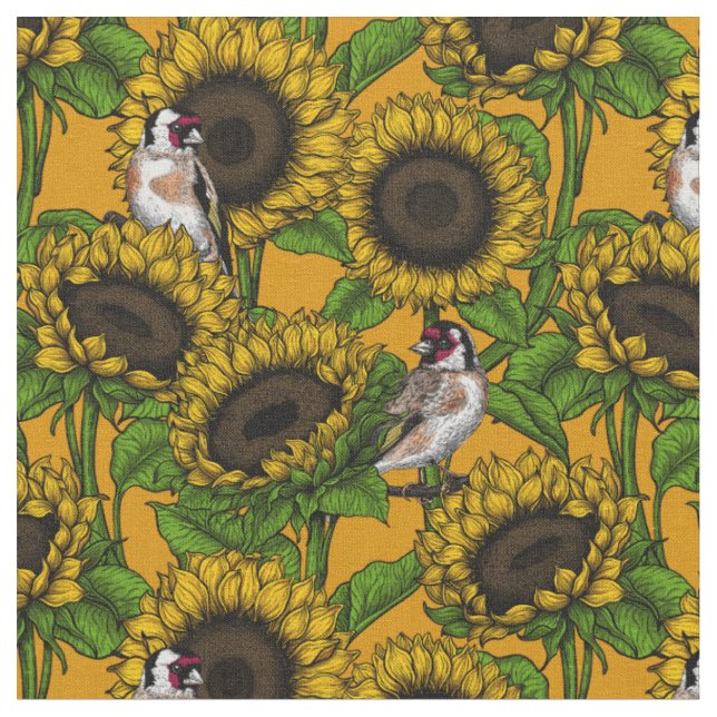 Tissu Fleurs de soleil et ailerons d'or sur orange (Fermer)
