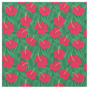 Tissu Fleurs d'Hibiscus Rouge sur Motif de Feuilles Trop