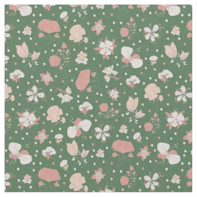 Tissu Fleurs esquissées sur fond vert (Fermer)