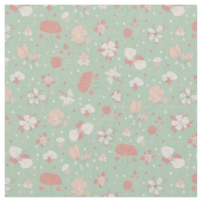 Tissu Fleurs esquissées sur fond vert clair (Fermer)