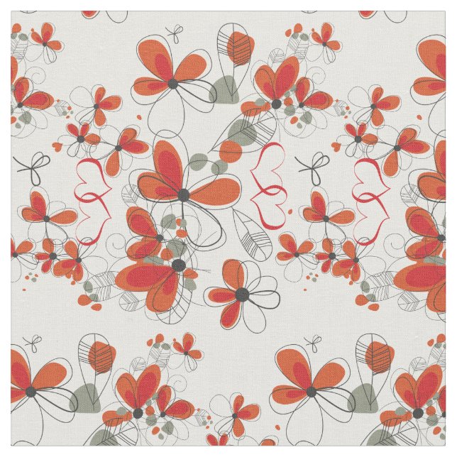 Tissu Fleurs et Coeurs rouges lunaires (Fermer)