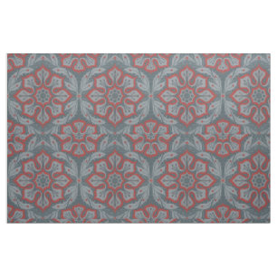Tissu "Fleurs et lauriers" motif arabe, gris, rouge