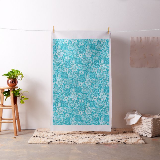 Tissu Fleurs Et Papillons Rétro Turquoise Et Blanc (In Situ)