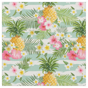 Tissu Fleurs et rayures de Teal d'ananas