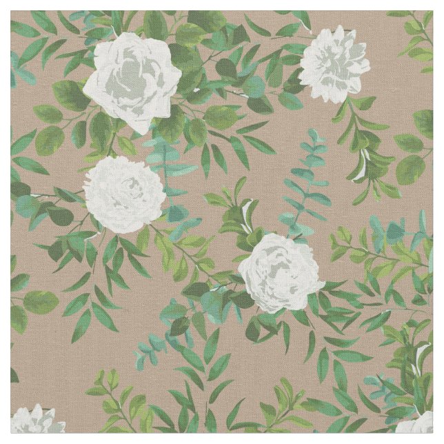 Tissu Fleurs florales Brown blanches Tan Roses (Fermer)