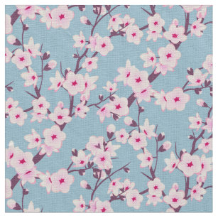 Tissu Fleurs florales de cerisier bleu ciel rose