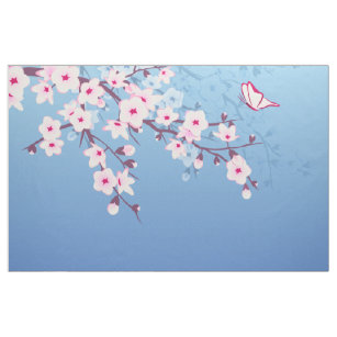 Tissu Fleurs florales de cerisier bleu rose
