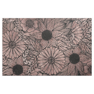 Tissu Fleurs florales et feuille roses d'or dessinant le